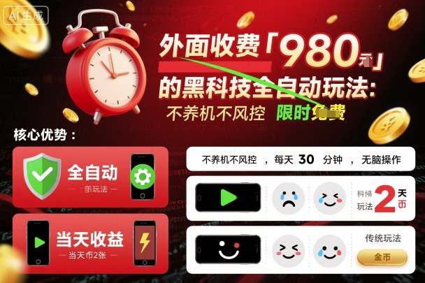 外面收费980的黑科技全自动玩法，不养机不风控，每天30分钟，无脑操作，当天收益2张【揭秘】-AI学习资源网