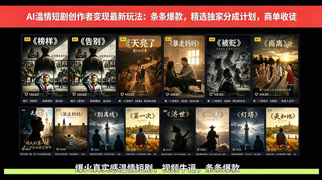 AI温情短剧创作者变现最新玩法：视频牛逼，条条爆款，精选独家分成计划，商单收徒-AI学习资源网