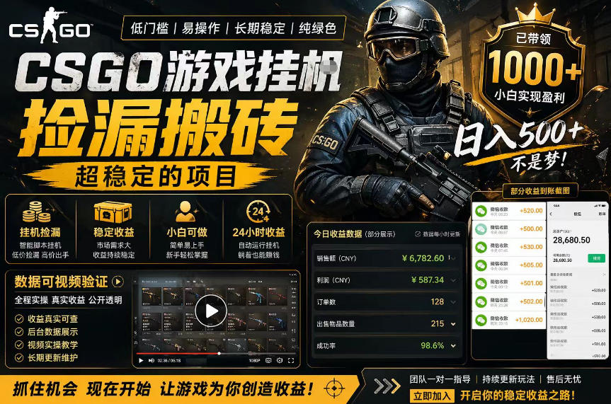 CSGO游戏搬砖，全自动挂G，不需要玩游戏，手机操作日入300+，解放双手【揭秘】-AI学习资源网