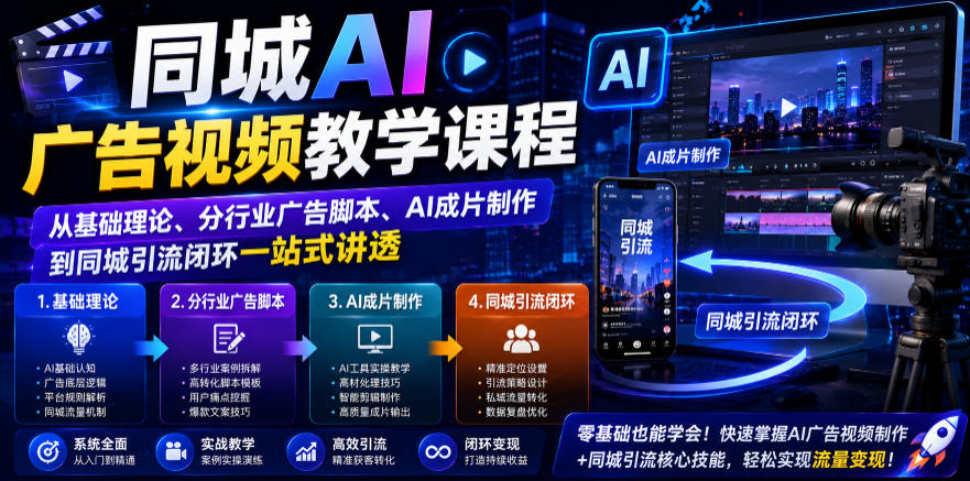 同城AI广告视频教学课程,从基础理论、分行业广告脚本、AI成片制作到同城引流闭环一站式讲透-AI学习资源网