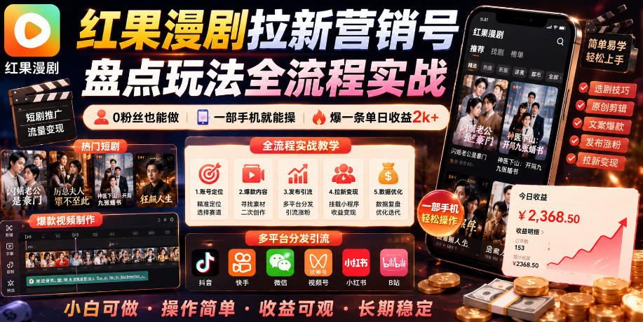 红果漫剧拉新营销号盘点玩法全流程实战，0粉丝也能做，一部手机就能做，爆一条单日收益2k+(更新0628)-AI学习资源网