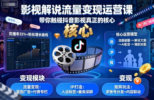 影视解说流量变现运营课，带你触碰抖音影视真正的核心-AI学习资源网