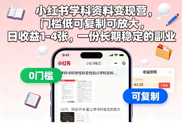 小红书学科资料变现营，门槛低可复制可放大，日收益1-4张，一份长期稳定的副业-AI学习资源网