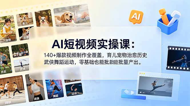 AI短视频实操课：140+爆款视频制作全覆盖，育儿宠物治愈历史武侠舞蹈运动，零基础也能批量产出-AI学习资源网