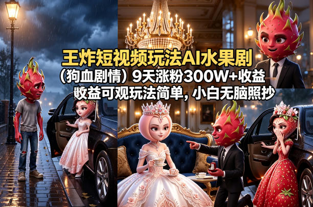 王炸短视频玩法AI水果剧(狗血剧情)9天涨粉300W+收益可观玩法简单，小白无脑照抄，详细拆解玩法-AI学习资源网