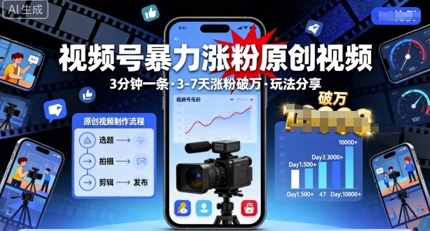 视频号暴力涨粉原创视频，3分钟一条原创视频，3-7天涨粉破万，玩法分享给你-AI学习资源网