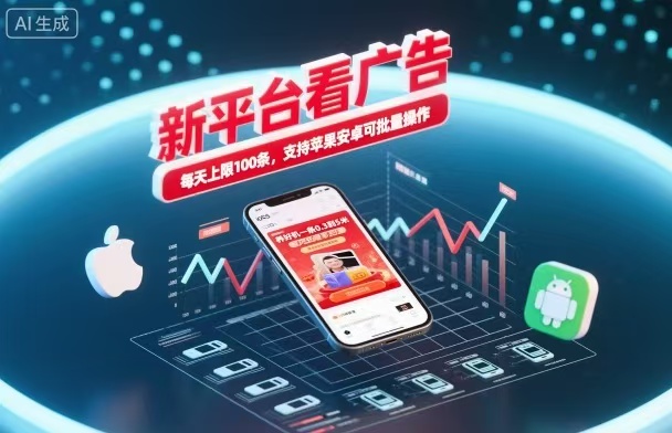 新台看广告,养好机一条5毛到5块,单机日入30到100,支持苹果安卓,可批量操作。-AI学习资源网