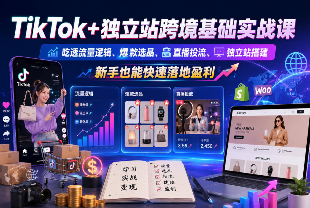 TikTok+独立站跨境基础实战课，吃透流量逻辑、爆款选品、直播投流与独立站搭建，新手也能快速落地盈利-AI学习资源网