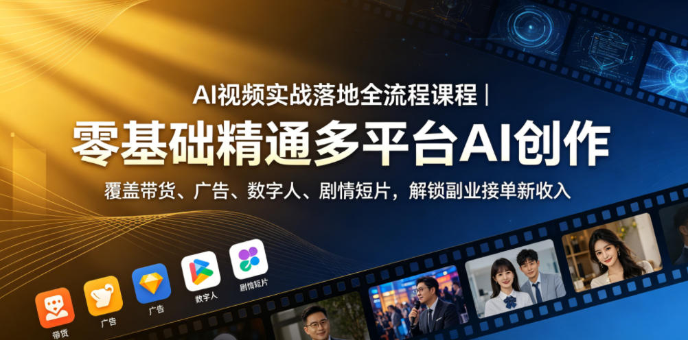 AI视频实战落地全流程课程｜零基础精通多平台AI创作，覆盖带货、广告、数字人、剧情短片，解锁副业接单新收入-AI学习资源网