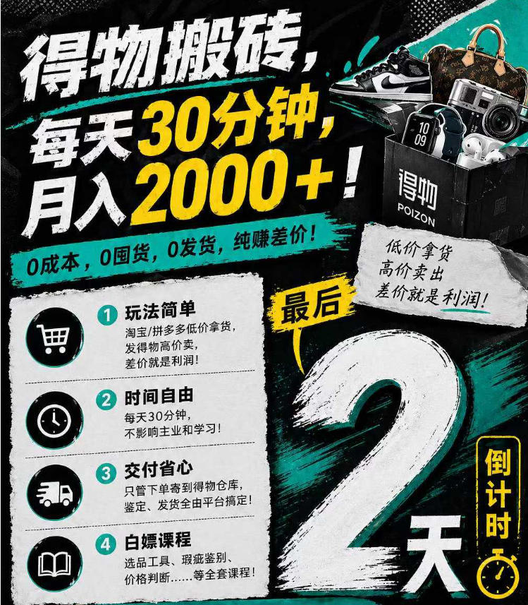 得物搬砖，0成本起步每天30分钟，月入2000+，0成本，0囤货，0发货，纯賺差价-AI学习资源网
