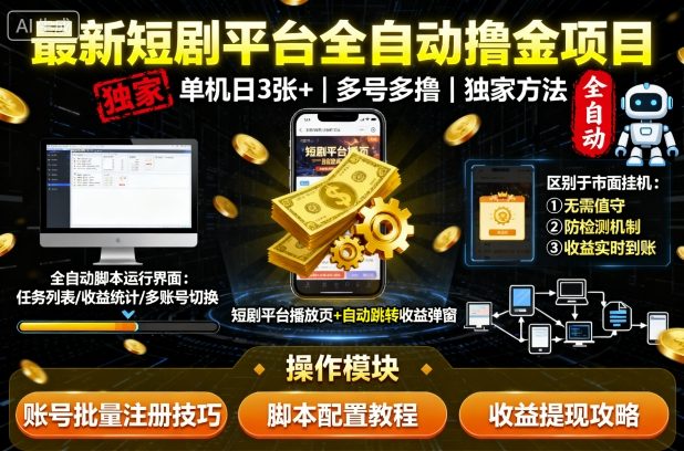 最新短剧平台全自动挂G撸金项目，单机一天3张+，多号多撸，区别于市面所有挂机项目，独家方法【揭秘】-AI学习资源网