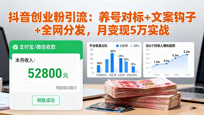 抖音创业粉引流：养号对标+文案钩子+全网分发，月变现5万实战-AI学习资源网