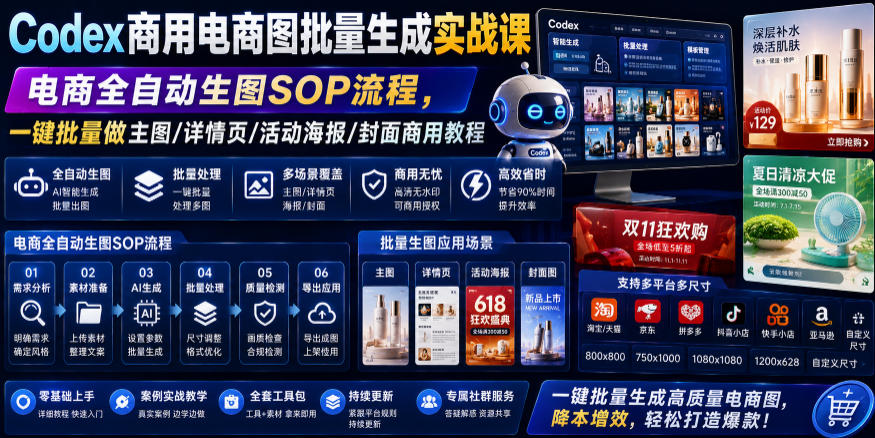 Codex商用电商图批量生成实战课|电商全自动生图SOP流程,一键批量做主图/详情页/活动海报/封面商用教程-AI学习资源网
