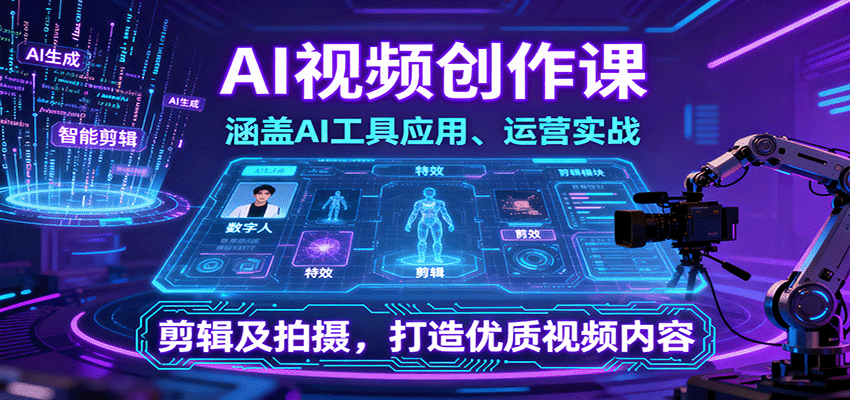 AI视频创作课，涵盖AI工具应用、运营实战、剪辑及拍摄，打造优质视频内容-AI学习资源网