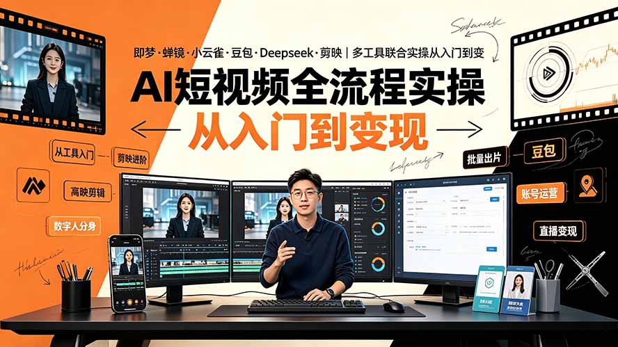 AI短视频全流程实操:即梦·蝉镜·小云雀·豆包·Deepseek·剪映|多工具联合实操从入门到变现-AI学习资源网