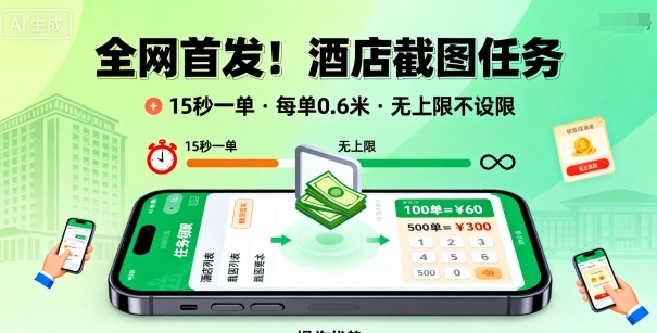 全网首发！酒店截图任务，15秒一单，每单0.6米，任务无上限不设限，矩阵操作单日3张到手【揭秘】-AI学习资源网