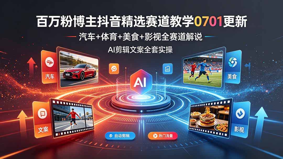 百万粉博主抖音精选赛道教学-0701更新，汽车+体育+美食+影视全赛道解说，AI剪辑文案全套实操-AI学习资源网