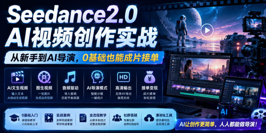 Seedance2.0 AI视频创作实战，从新手到AI导演，0基础也能成片接单变现-AI学习资源网