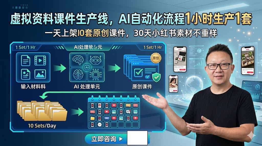 虚拟资料课件生产线，AI自动化流程1小时生产1套，一天上架10套原创课件，30天小红书素材不重样-AI学习资源网