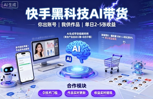 快手黑科技AI带货，你提供账号，我提供作品并发布，单日2-5张【揭秘】-AI学习资源网
