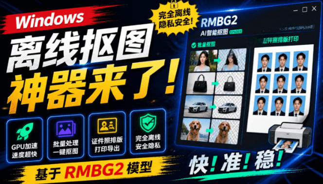 Windows离线抠图神器来了！支持批量抠图+证件照排版打印，基于RMBG2模型，GPU加速方块AI抠图-AI学习资源网