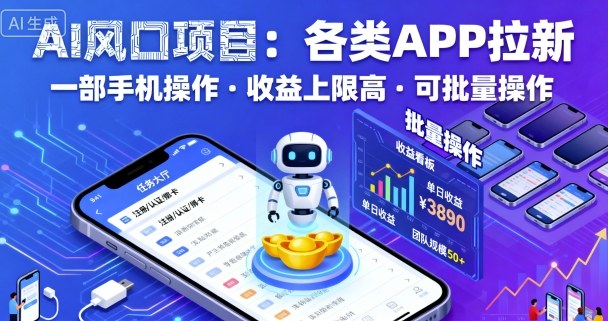 AI风口项目，各类APP拉新，一部手机就可以操作，收益上限高，可批量操作-AI学习资源网