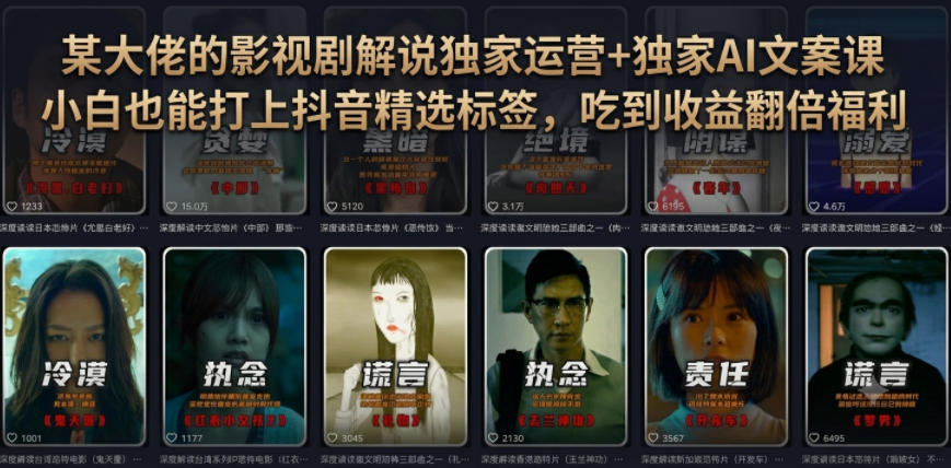 某大佬的影视剧解说独家运营+独家AI文案课,小白0粉丝也能快速打上抖音精选标签、吃到收益翻倍福利-AI学习资源网