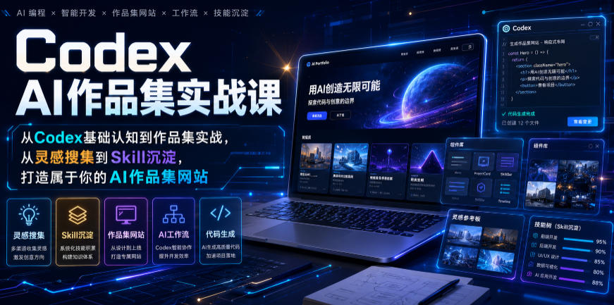 Codex AI作品集实战课,从Codex基础认知到作品集实战,从灵感搜集到Skill沉淀,打造属于你的AI作品集网站-AI学习资源网