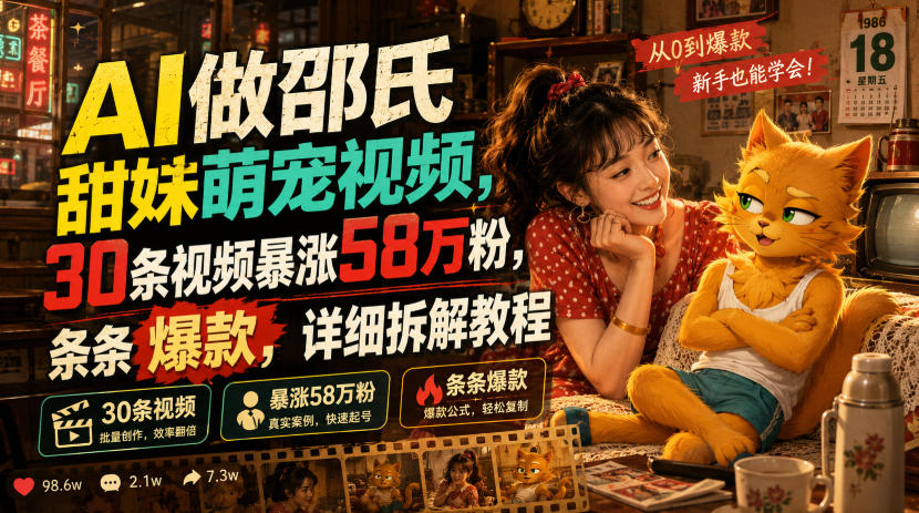 AI做邵氏甜妹萌宠视频，30条视频暴涨58万粉，条条爆款，详细拆解教程-AI学习资源网