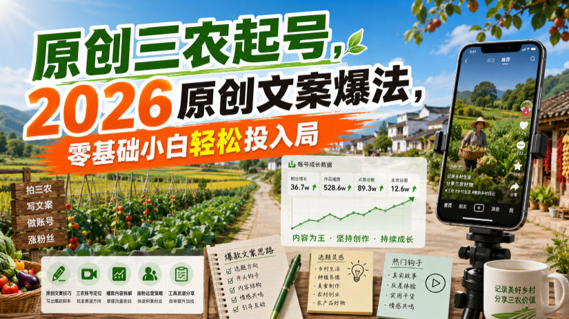 原创三农起号,2026原创文案爆法,零基础小白轻松投入局-AI学习资源网