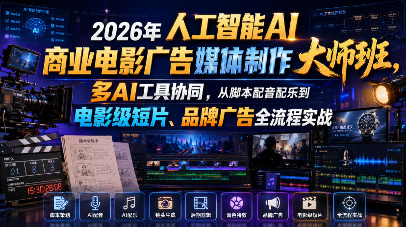 2026年人工智能AI商业电影广告媒体制作大师班，多AI工具协同，从脚本配音配乐到电影级短片、品牌广告全流程实战(中英字幕)-AI学习资源网