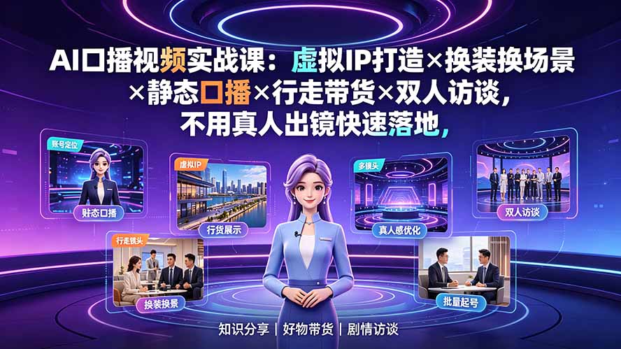 AI口播视频实战课:虚拟IP打造×换装换场景×静态口播×行走带货×双人访谈,不用真人出镜快速落地-AI学习资源网