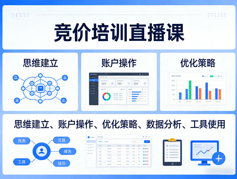 竞价培训直播课，覆盖思维建立、账户操作、优化策略、数据分析、工具使用等，全方位提升效果-AI学习资源网