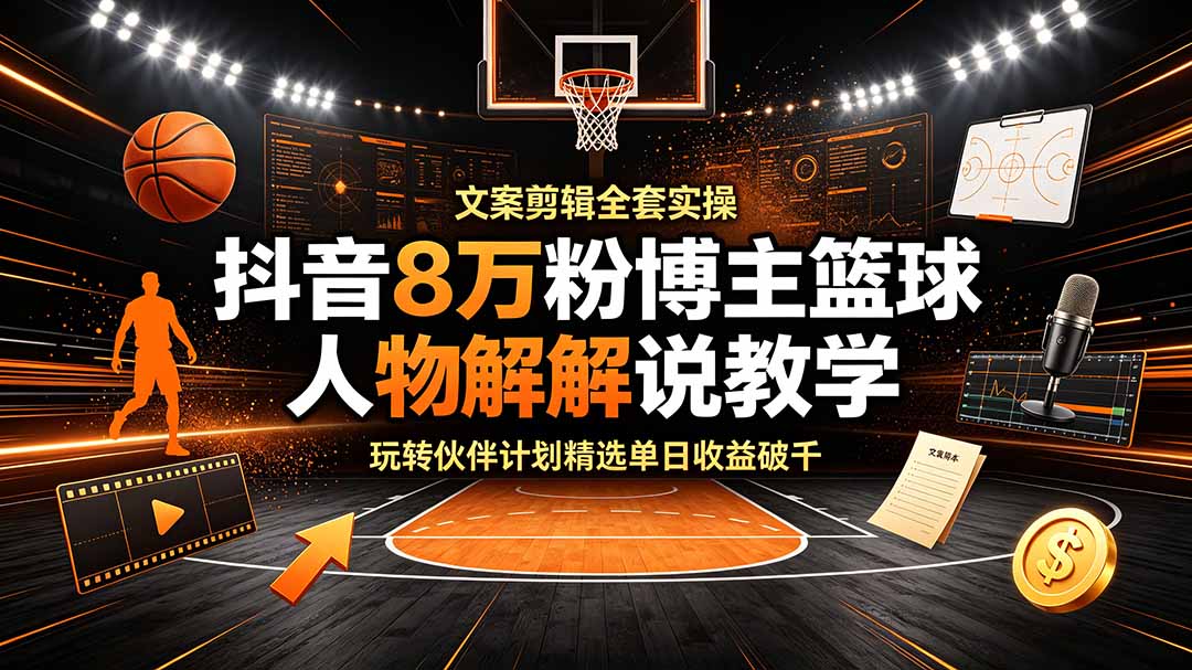 抖音8万粉博主篮球人物解说教学，文案剪辑全套实操，玩转伙伴计划精选单日收益破千-AI学习资源网