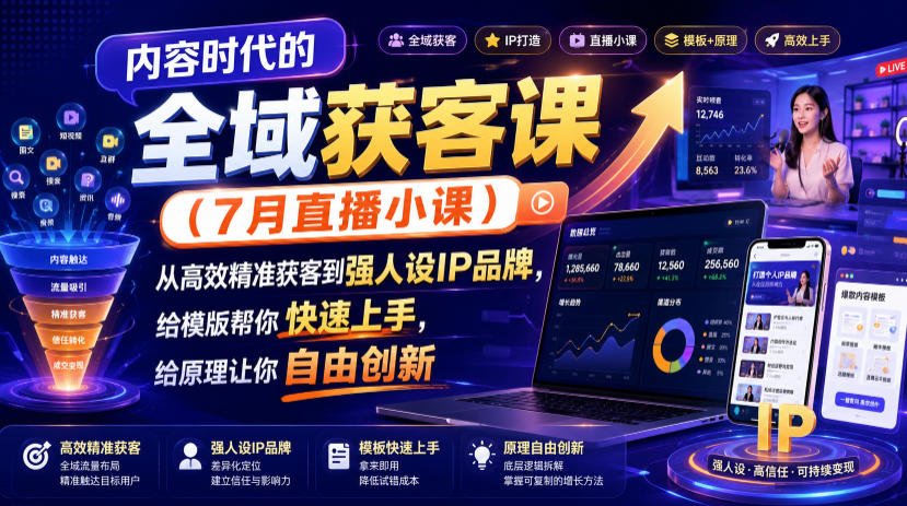 内容时代的全域获客课(7月直播小课)，从高效精准获客到强人设IP品牌，给模版帮你快速上手，给原理让你自由创新-AI学习资源网