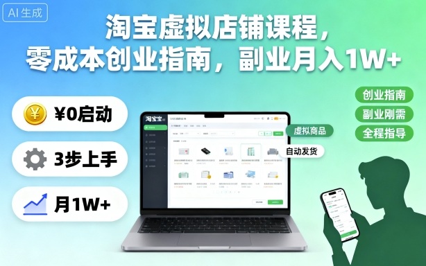 淘宝虚拟店铺课程,零成本创业指南,副业月入1W+-AI学习资源网