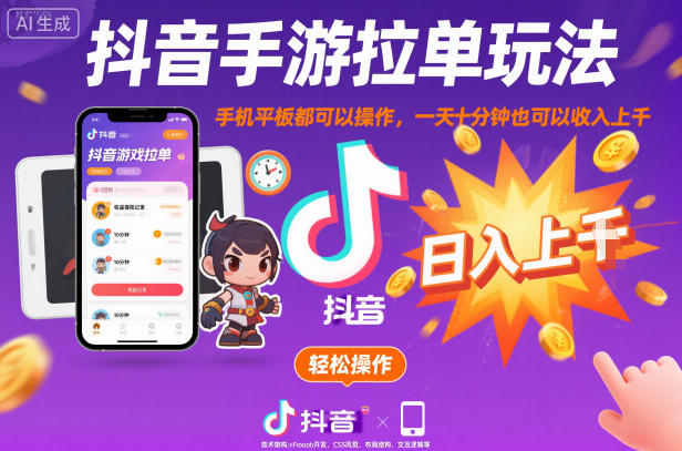 抖音手游拉单玩法,手机平板都可以操作,一天十分钟也可以收入上K【揭秘】-AI学习资源网