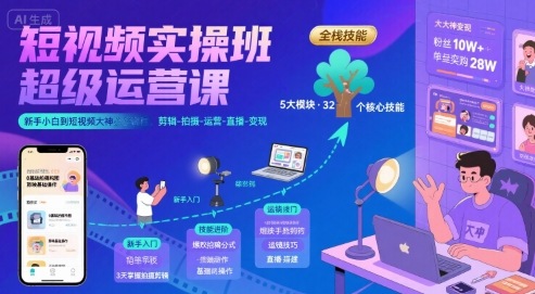 短视频实操班超级运营课，新手小白到短视频大神必修课程，剪辑-拍摄-运营-直播-变现-AI学习资源网