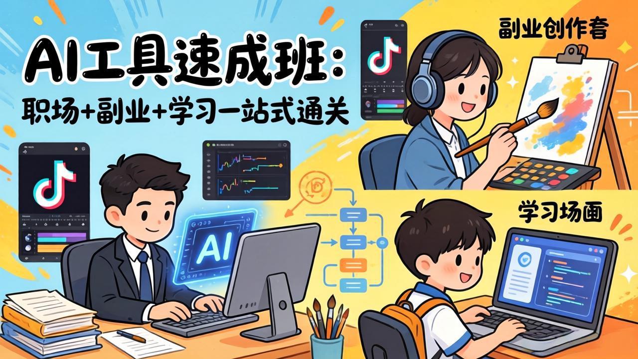 AI工具速成班：职场+副业+学习一站式通关，20+爆款类型+剪映技巧+抖音算法，0基础快速上手-AI学习资源网