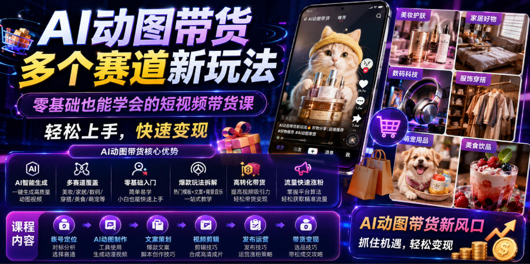 AI动图带货多个赛道新玩法，零基础也能学会的短视频带货课，轻松上手，快速变现-AI学习资源网