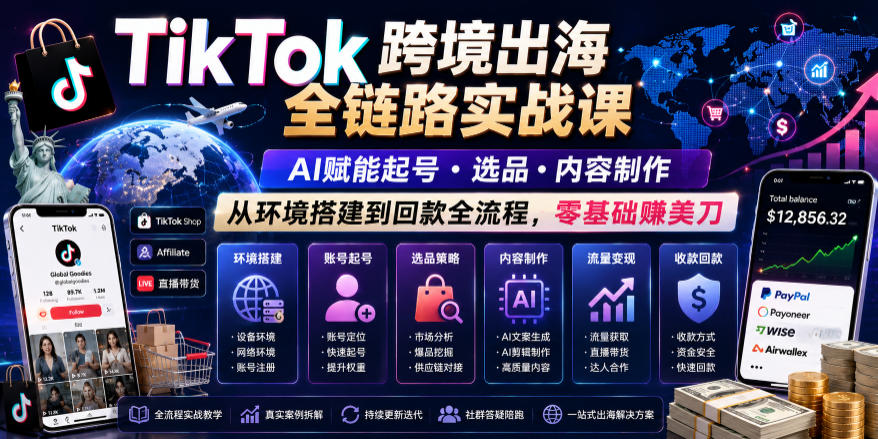 TikTok跨境出海全链路实战课，AI赋能起号・选品・内容制作，从环境搭建到回款全流程，零基础賺美刀-AI学习资源网