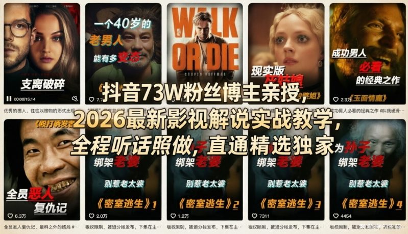 抖音73W粉丝博主亲授，2026最新影视解说实战教学，全程听话照做，直通精选独家-AI学习资源网