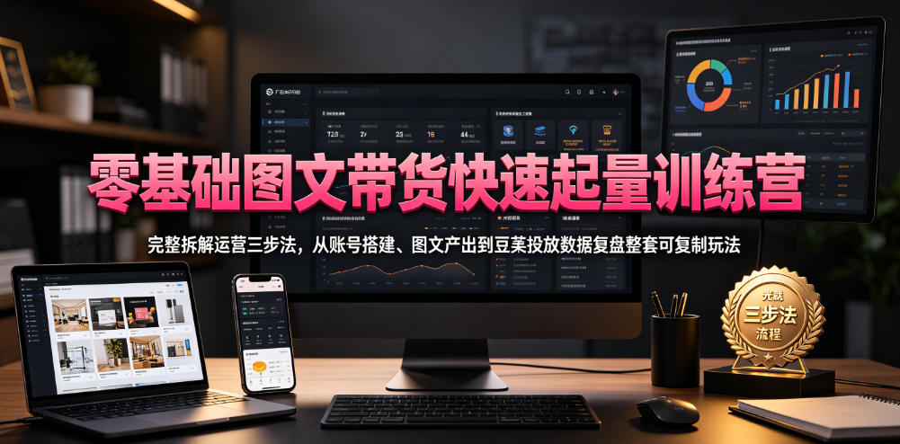 零基础图文带货快速起量训练营，完整拆解运营三步法，从账号搭建、图文产出到豆荚投放数据复盘整套可复制玩法-AI学习资源网