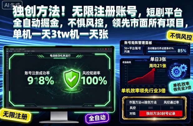 独创方法!无限注册账号,短剧平台全自动掘金,不惧风控,领先市面所有项目,单机一天3张【揭秘】-AI学习资源网