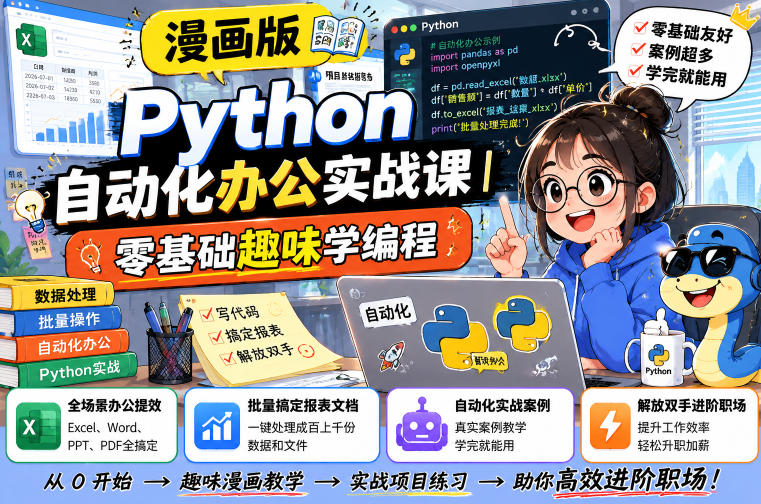 漫画版Python自动化办公实战课|零基础趣味学编程,全场景办公提效、批量搞定报表文档、解放双手进阶职场-AI学习资源网