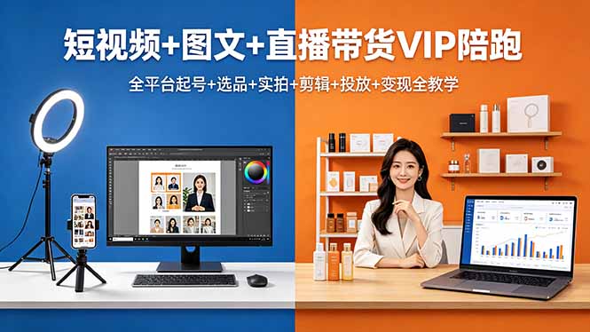 短视频+图文+直播带货VIP陪跑，全平台起号+选品+实拍+剪辑+投放+变现全教学-AI学习资源网