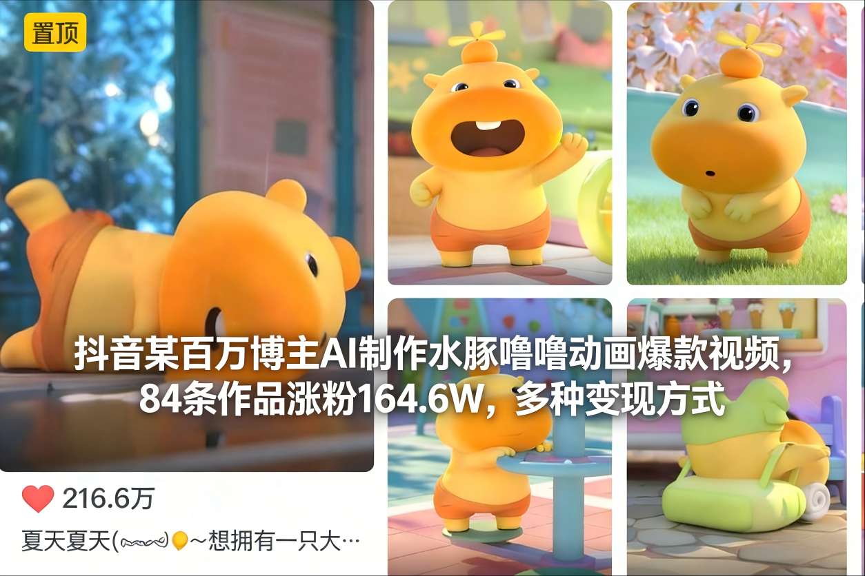 抖音某百万博主AI制作水豚噜噜动画爆款视频，84条作品涨粉164.6W，多种变现方式-AI学习资源网