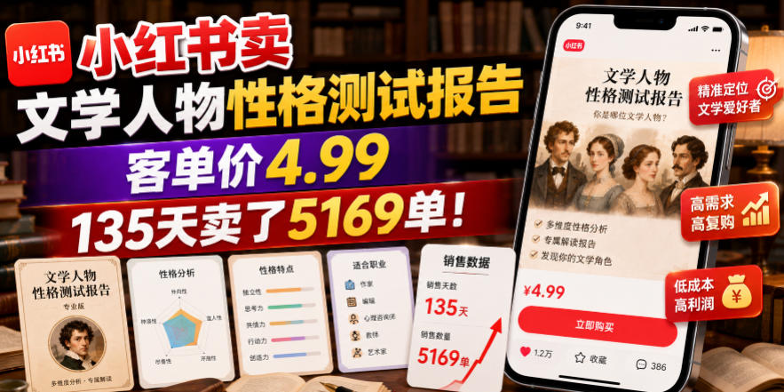 小红书卖文学人物性格测试报告,客单价4.99,135天卖了5169单!-AI学习资源网