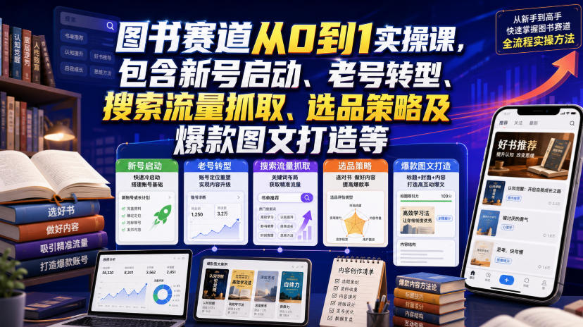 图书赛道从0到1实操课，包含新号启动、老号转型、搜索流量抓取、选品策略及爆款图文打造等-AI学习资源网