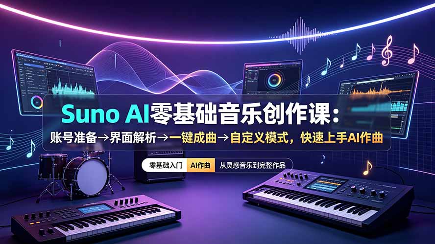 Suno AI零基础音乐创作课:账号准备→界面解析→一键成曲→自定义模式,快速上手AI作曲-AI学习资源网